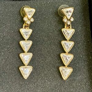Vintage JOAN RIVERS Crystal EARRINGS Drop Dangle Triangle Gold Tone